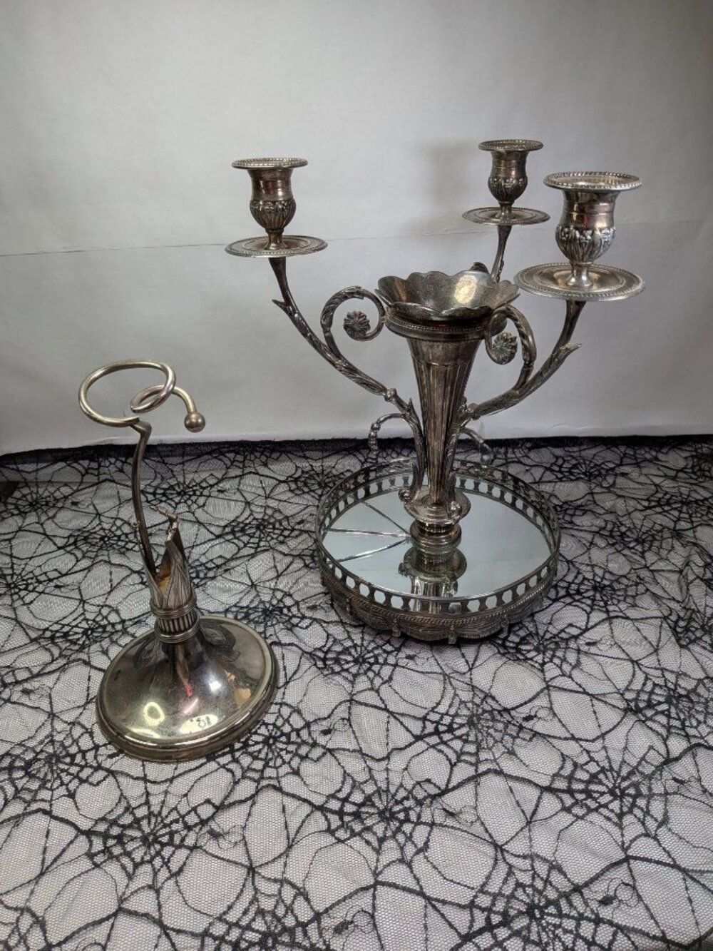 Godinger Silver Plated Candelabra Centerpiece, Spiral Bud Vase & Cobweb Lace